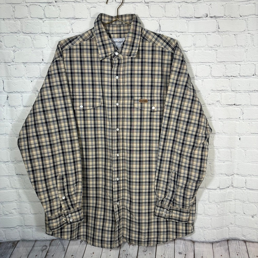 Carhartt Mens Plaid‎ Pearl Snap Western Shirt L Tan Navy Long Sleeve Cotton S140